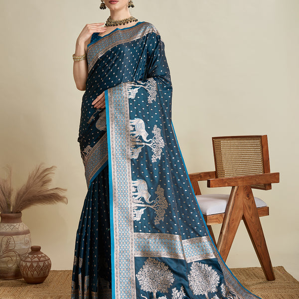 Vedant Vastram Soft Litchi SIlk Banarasi Silk Jacquard Saree - Firozi - Dista