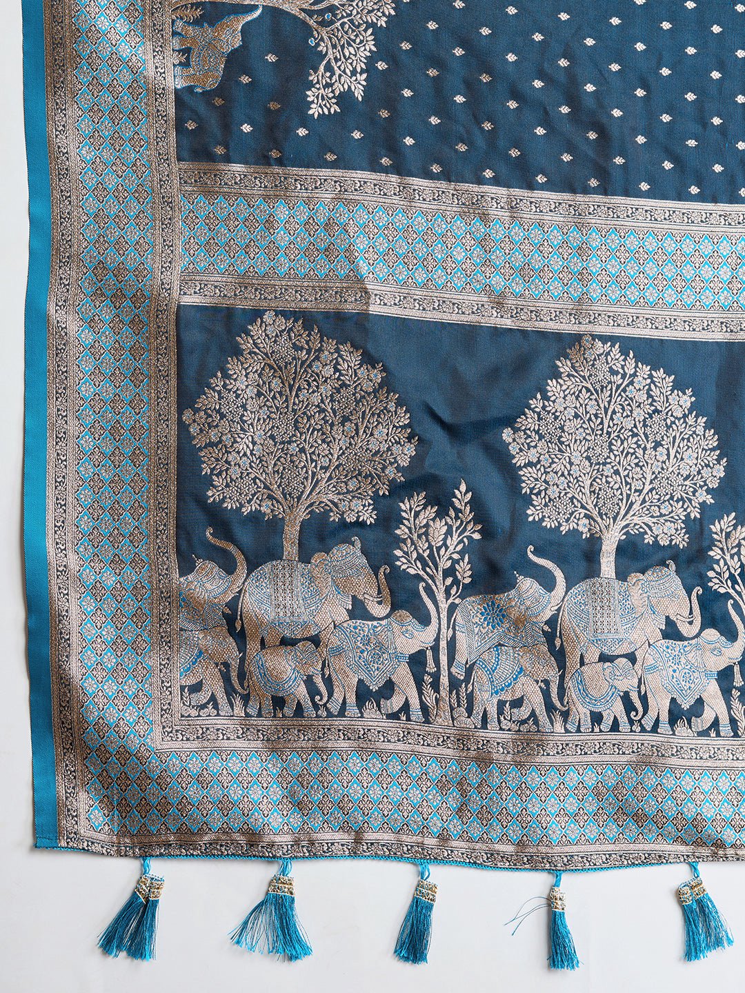 Vedant Vastram Soft Litchi SIlk Banarasi Silk Jacquard Saree - Firozi - Dista