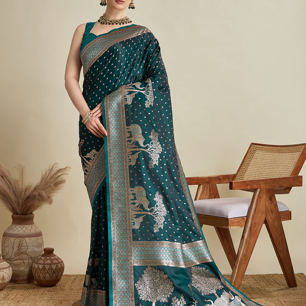 Vedant Vastram Soft Litchi SIlk Banarasi Silk Jacquard Saree - Rama - Dista