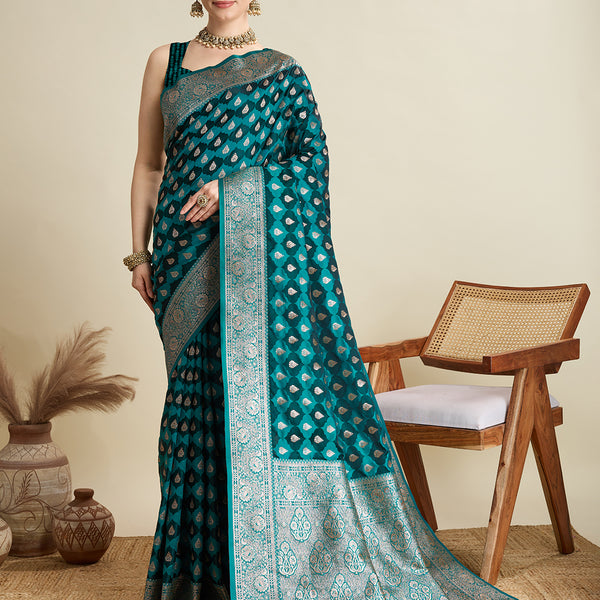 Vedant Vastram Soft Litchi SIlk Banarasi Silk Jacquard Saree - Firozi - Dista
