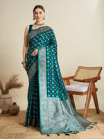 Thumbnail for Vedant Vastram Soft Litchi SIlk Banarasi Silk Jacquard Saree - Firozi - Dista