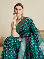 Thumbnail for Vedant Vastram Soft Litchi SIlk Banarasi Silk Jacquard Saree - Firozi - Dista
