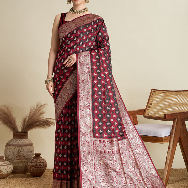 Vedant Vastram Soft Litchi SIlk Banarasi Silk Jacquard Saree - Maroon - Dista