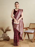 Thumbnail for Vedant Vastram Soft Litchi SIlk Banarasi Silk Jacquard Saree - Maroon - Dista
