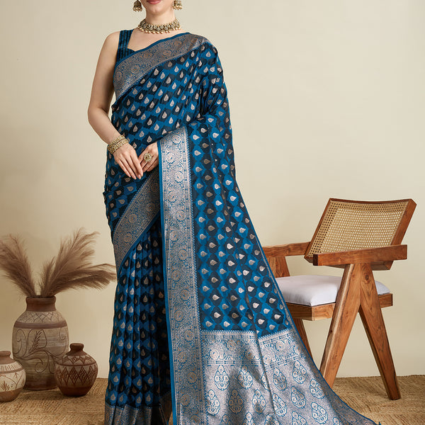 Vedant Vastram Soft Litchi SIlk Banarasi Silk Jacquard Saree - Rama - Dista