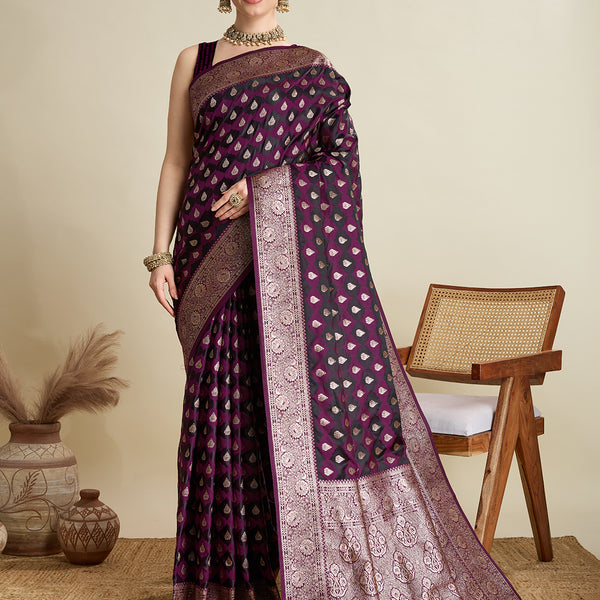 Vedant Vastram Soft Litchi SIlk Banarasi Silk Jacquard Saree - Wine - Dista