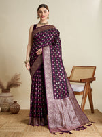 Thumbnail for Vedant Vastram Soft Litchi SIlk Banarasi Silk Jacquard Saree - Wine - Dista