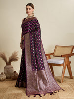 Thumbnail for Vedant Vastram Soft Litchi SIlk Banarasi Silk Jacquard Saree - Wine - Dista