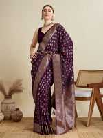 Thumbnail for Vedant Vastram Soft Litchi SIlk Banarasi Silk Jacquard Saree - Wine - Dista