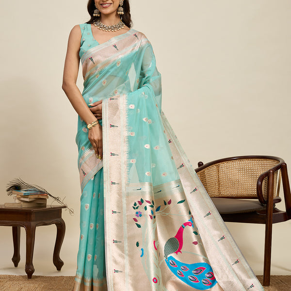 Vedant Vastram Cotton Silk Paithani Jacquard Saree - Aqua - Dista