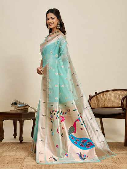 Vedant Vastram Cotton Silk Paithani Jacquard Saree - Aqua - Dista