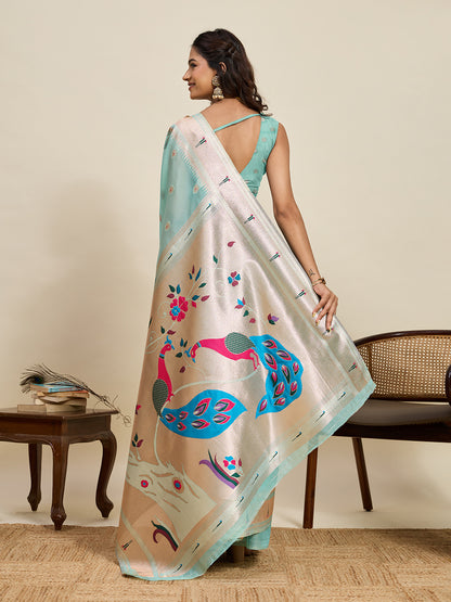 Vedant Vastram Cotton Silk Paithani Jacquard Saree - Aqua - Dista
