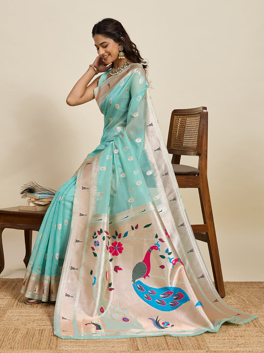 Vedant Vastram Cotton Silk Paithani Jacquard Saree - Aqua - Dista