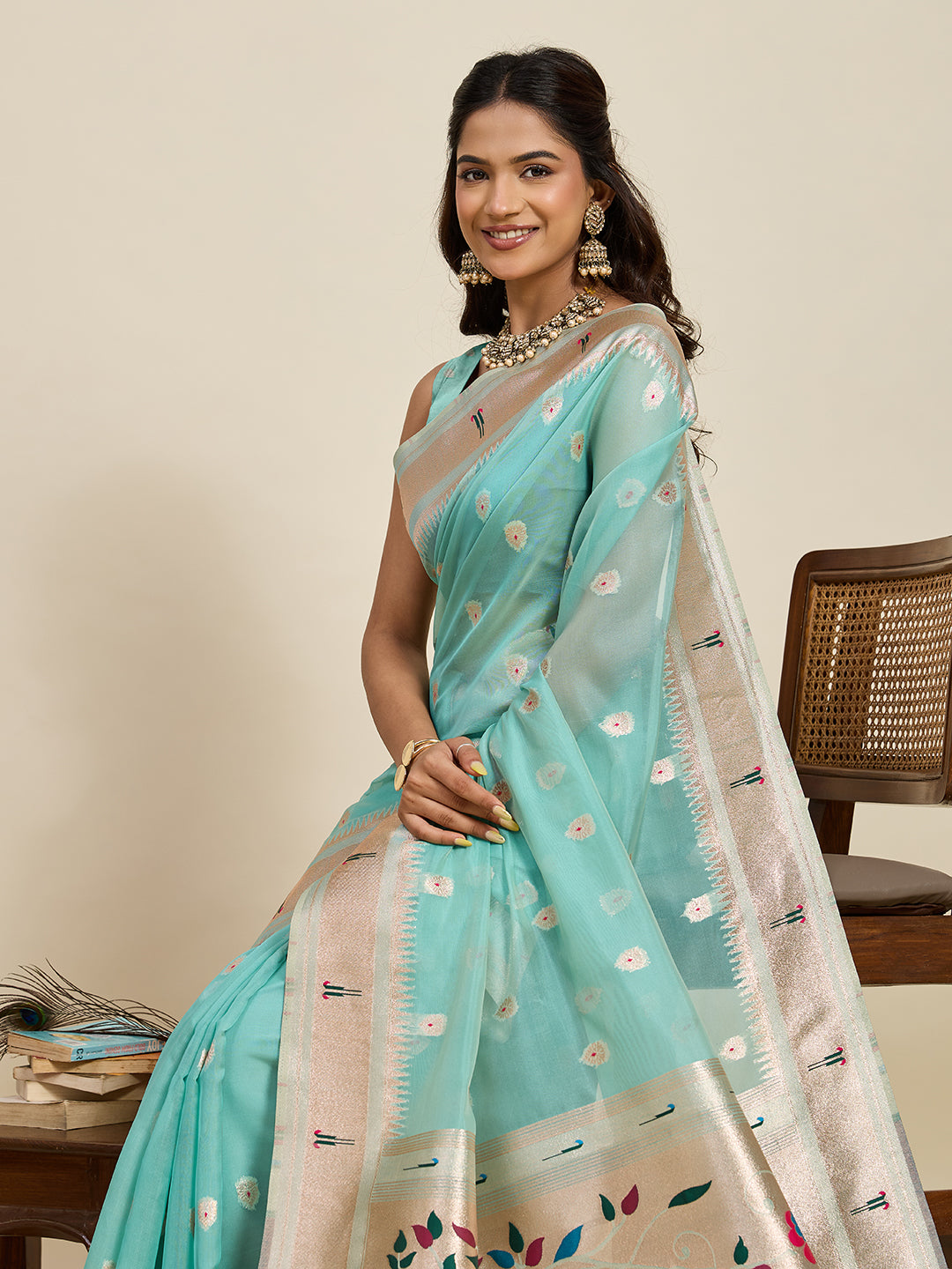 Vedant Vastram Cotton Silk Paithani Jacquard Saree - Aqua - Dista