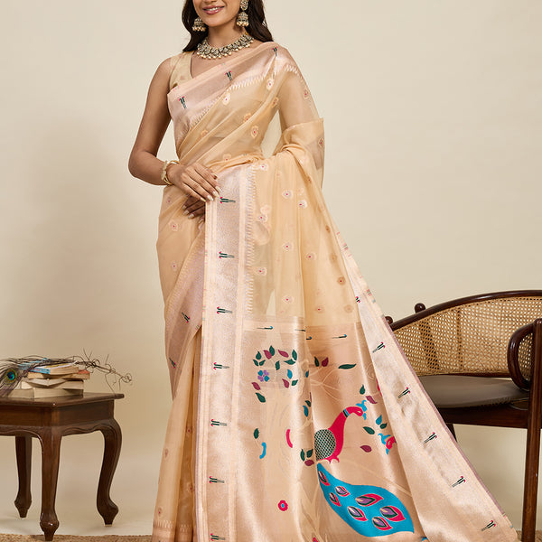 Vedant Vastram Cotton Silk Paithani Jacquard Saree - Beige - Dista