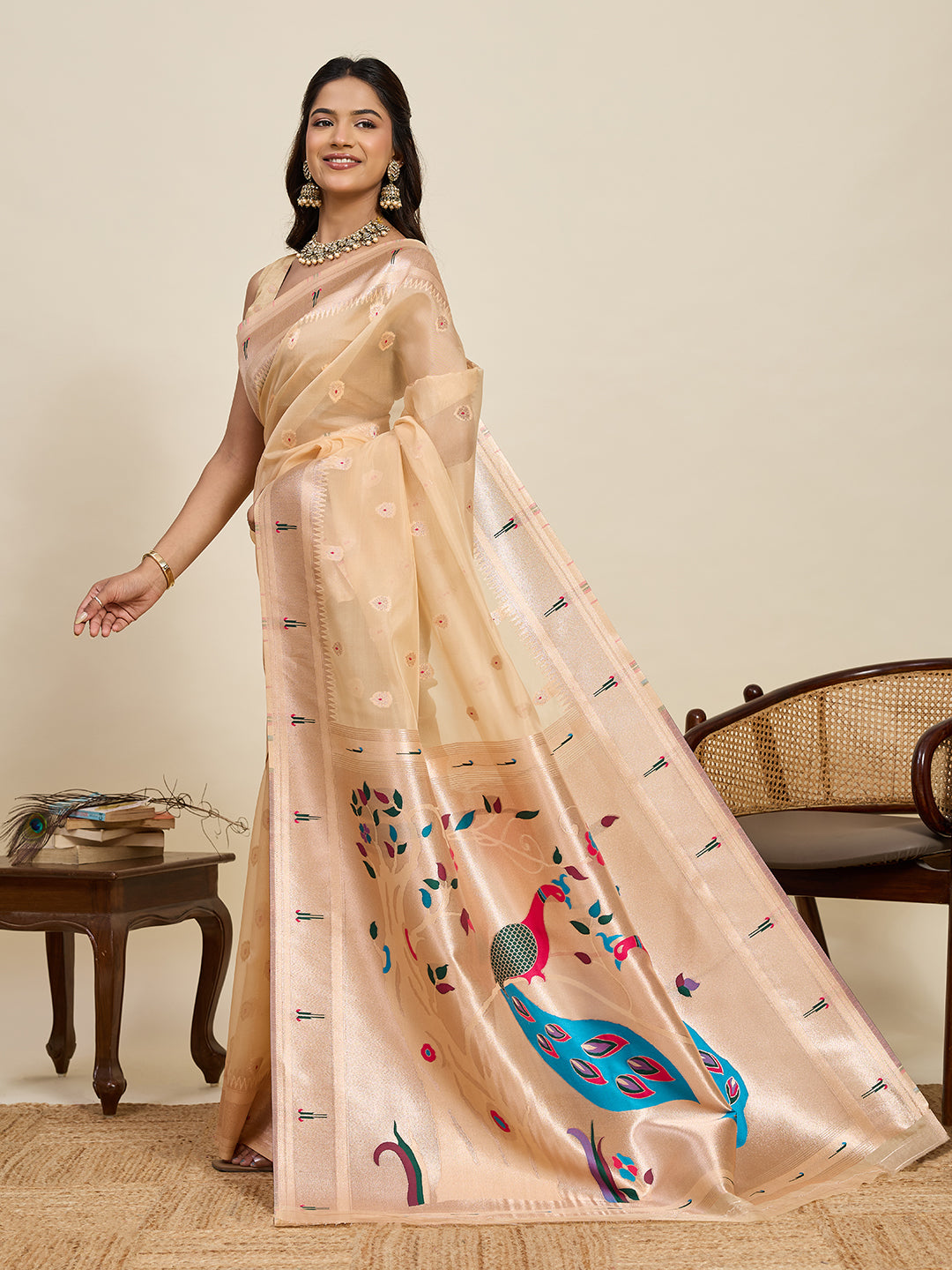 Vedant Vastram Cotton Silk Paithani Jacquard Saree - Beige - Dista