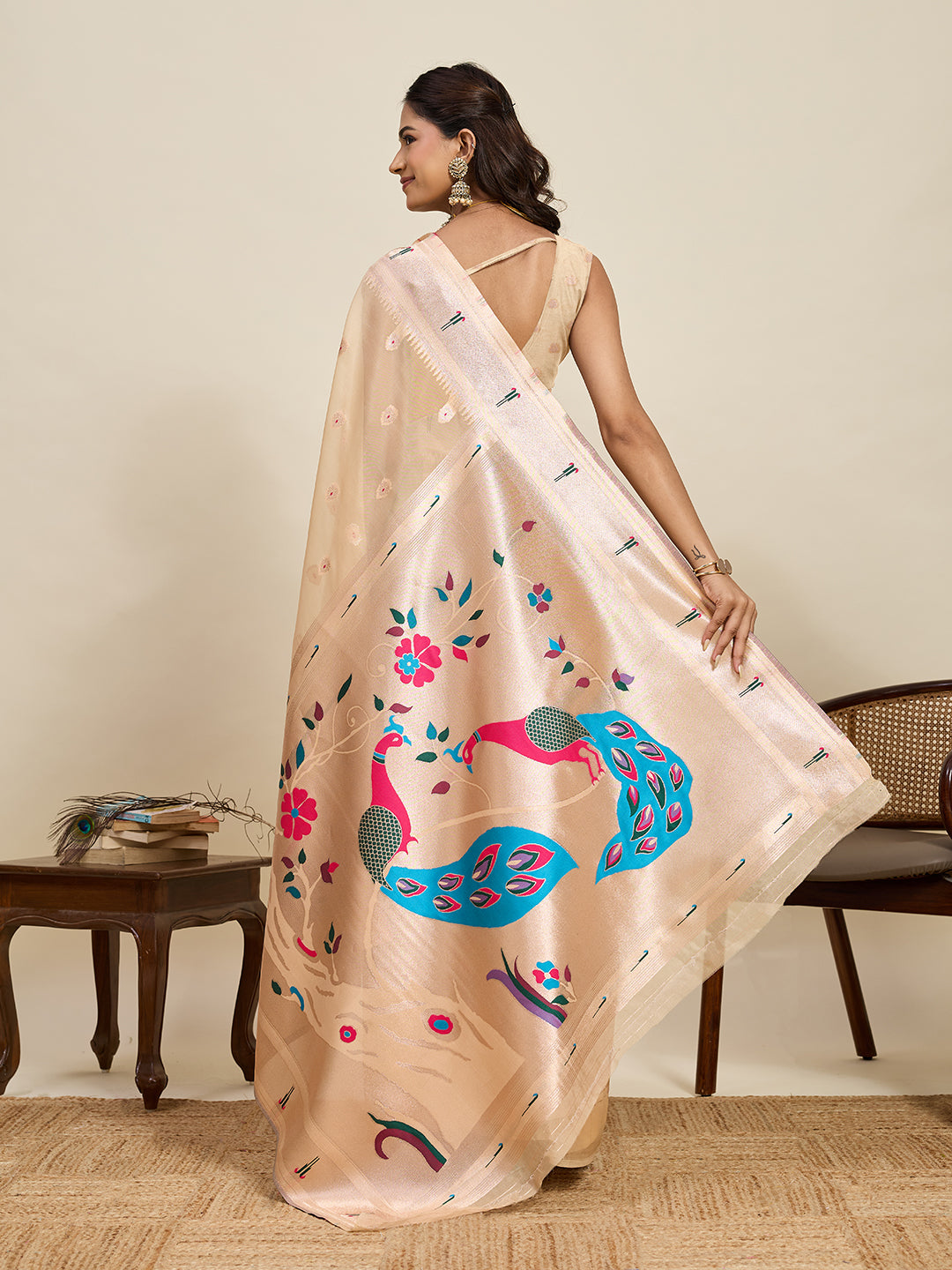 Vedant Vastram Cotton Silk Paithani Jacquard Saree - Beige - Dista
