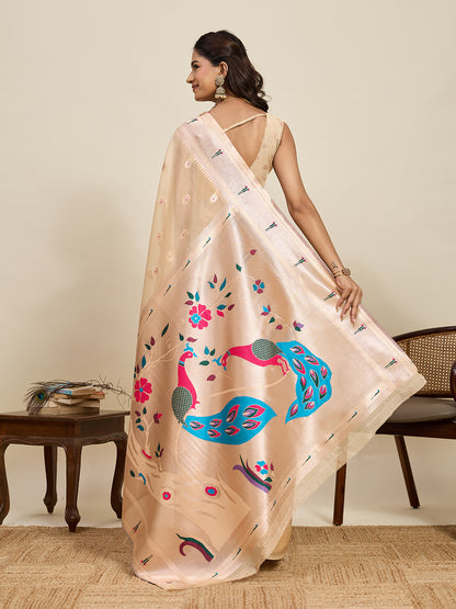 Vedant Vastram Cotton Silk Paithani Jacquard Saree - Beige - Dista
