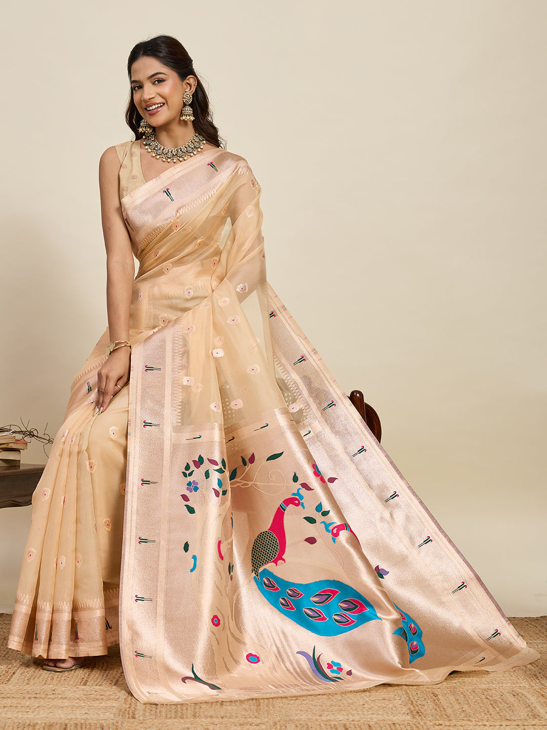 Vedant Vastram Cotton Silk Paithani Jacquard Saree - Beige - Dista