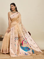 Thumbnail for Vedant Vastram Cotton Silk Paithani Jacquard Saree - Beige - Dista