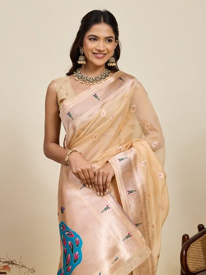 Vedant Vastram Cotton Silk Paithani Jacquard Saree - Beige - Dista