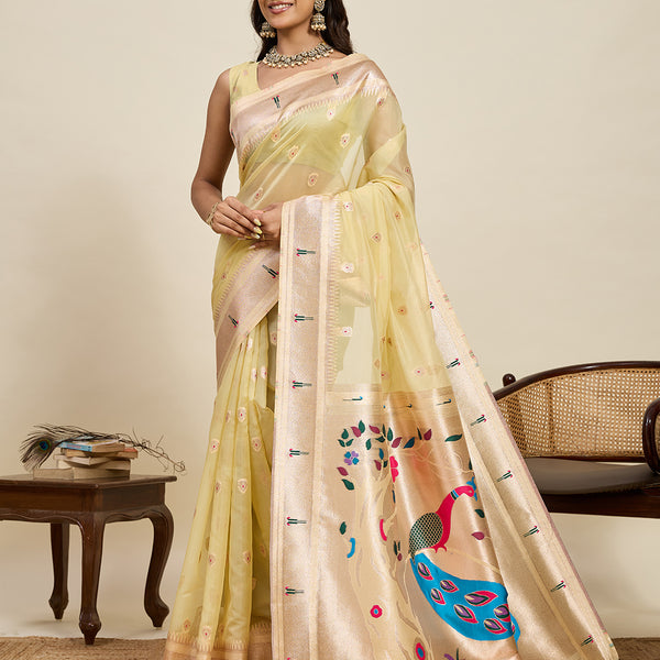 Vedant Vastram Cotton Silk Paithani Jacquard Saree - Lemon - Dista