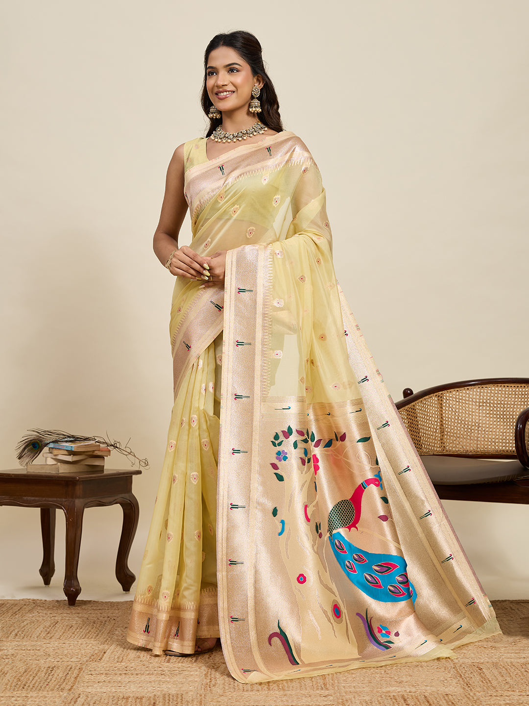 Vedant Vastram Cotton Silk Paithani Jacquard Saree - Lemon - Dista