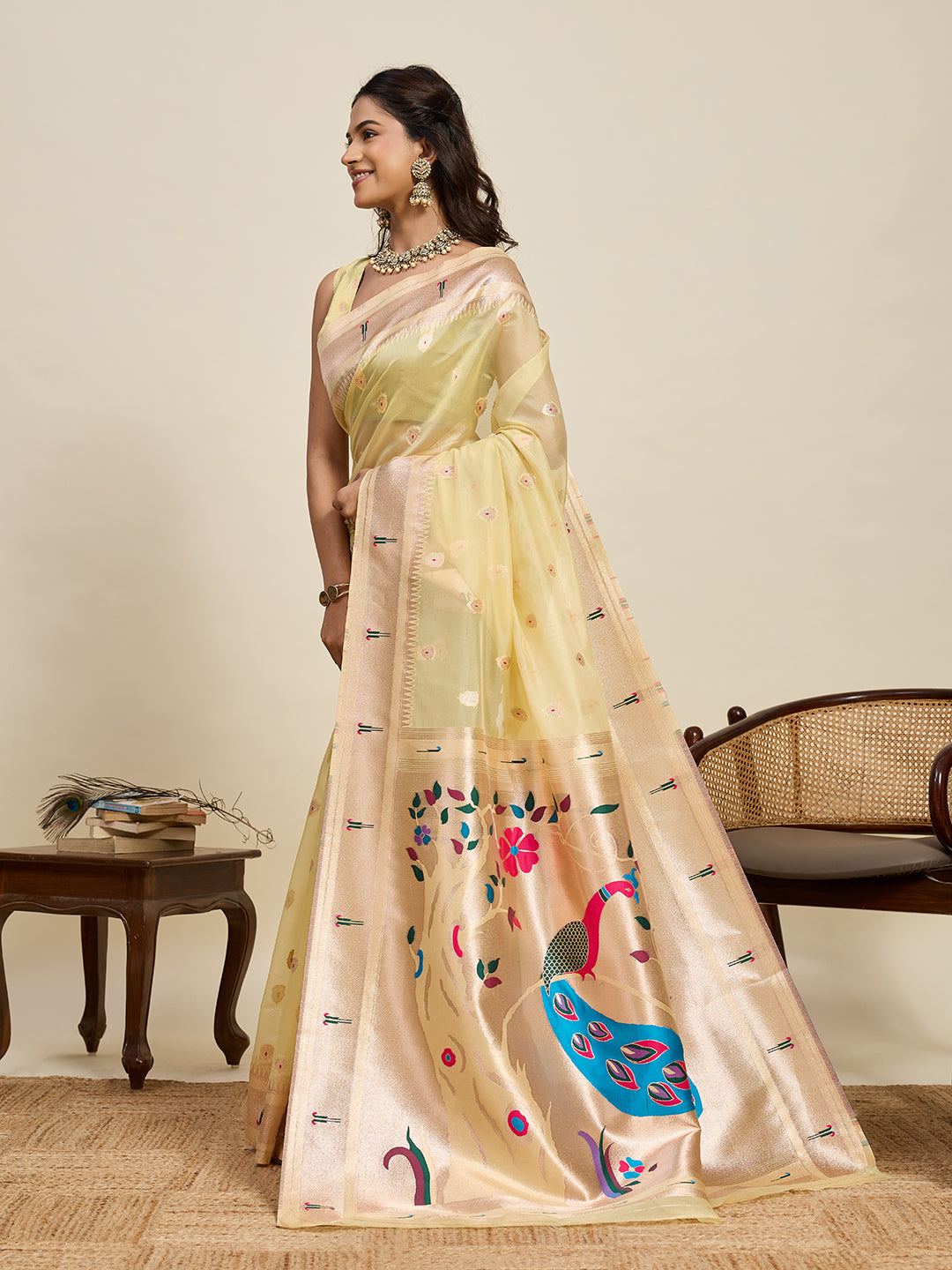 Vedant Vastram Cotton Silk Paithani Jacquard Saree - Lemon - Dista
