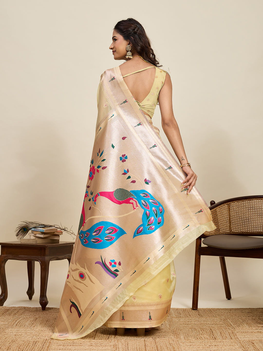 Vedant Vastram Cotton Silk Paithani Jacquard Saree - Lemon - Dista