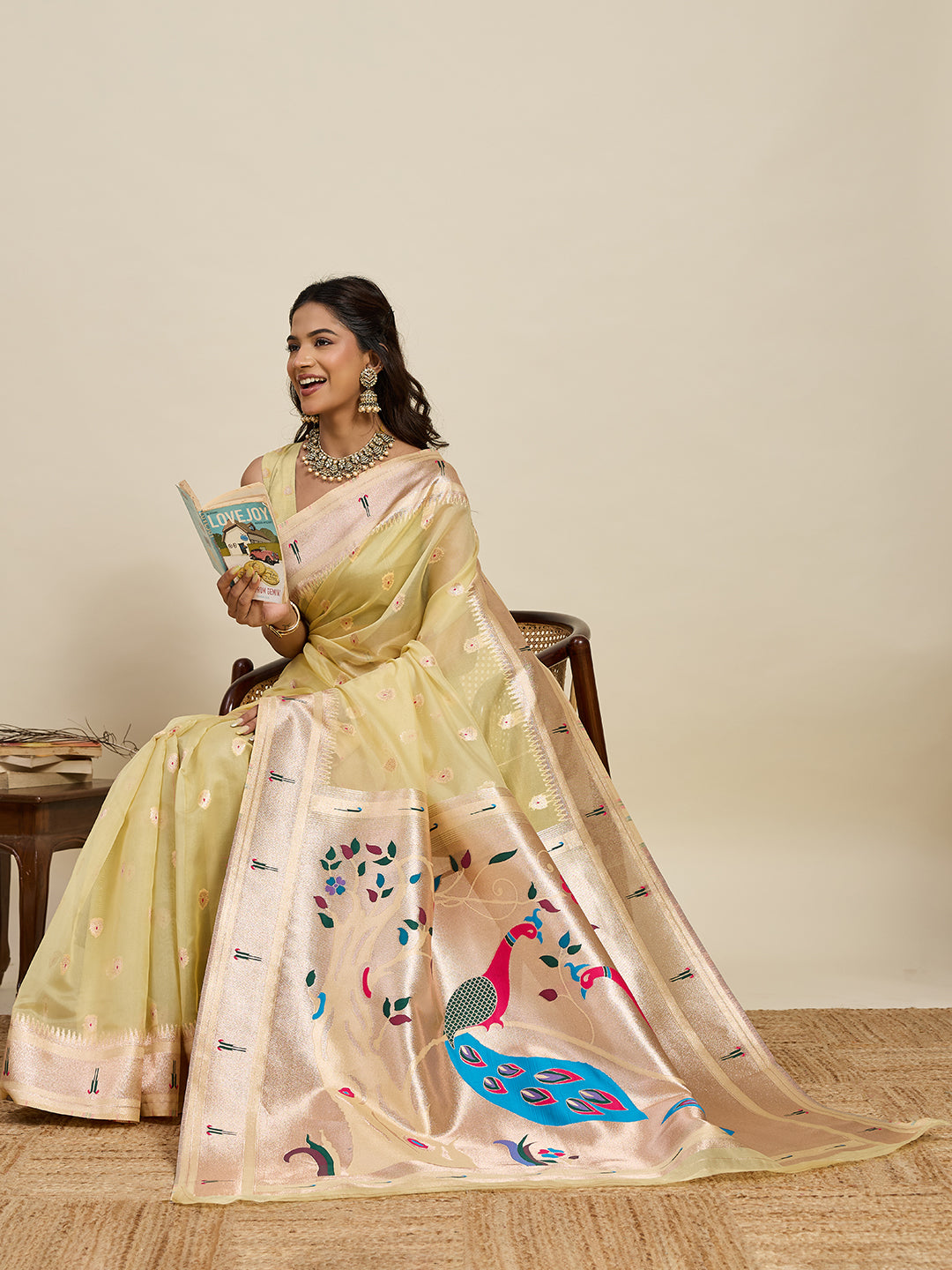 Vedant Vastram Cotton Silk Paithani Jacquard Saree - Lemon - Dista