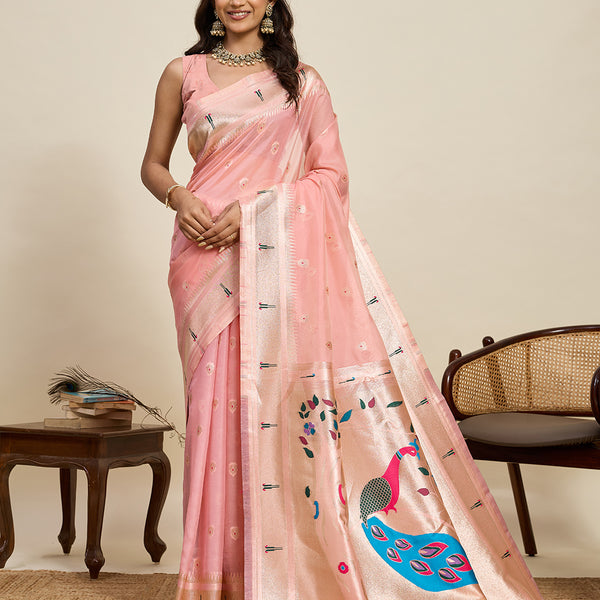 Vedant Vastram Cotton Silk Paithani Jacquard Saree - Peach - Dista