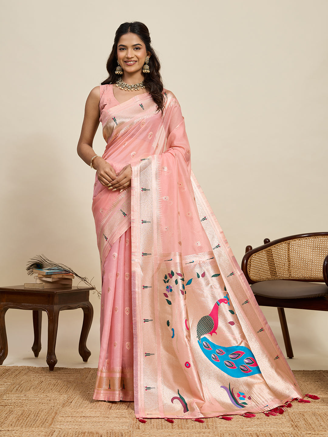 Vedant Vastram Cotton Silk Paithani Jacquard Saree - Peach - Dista