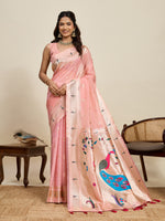 Thumbnail for Vedant Vastram Cotton Silk Paithani Jacquard Saree - Peach - Dista