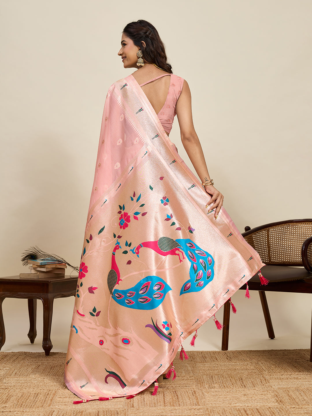 Vedant Vastram Cotton Silk Paithani Jacquard Saree - Peach - Dista