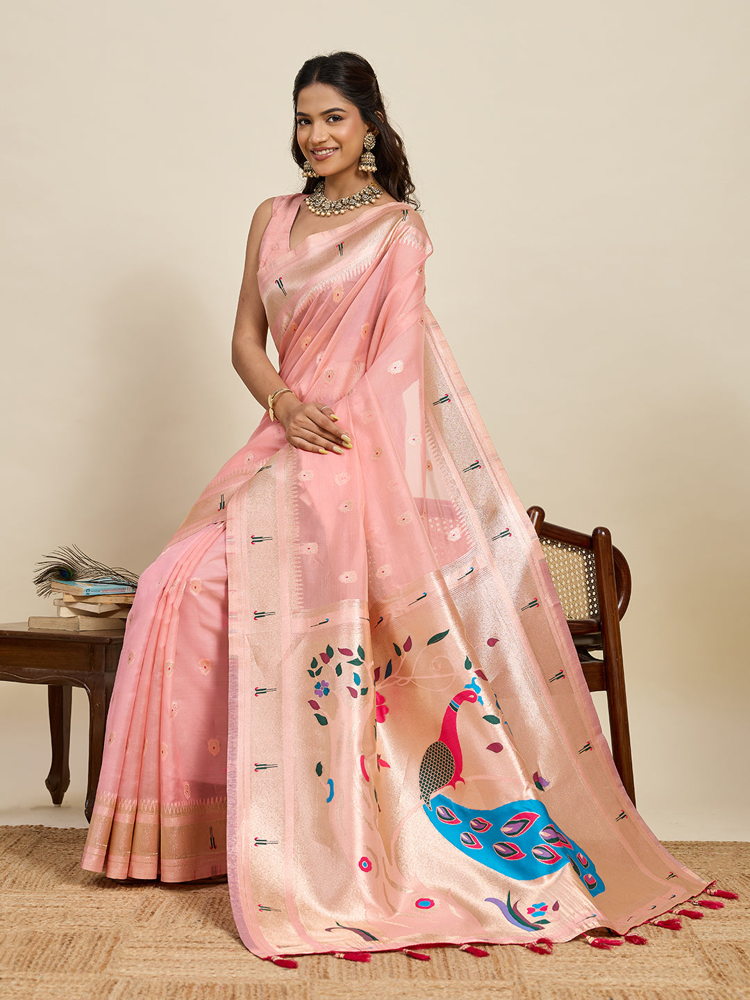 Vedant Vastram Cotton Silk Paithani Jacquard Saree - Peach - Dista