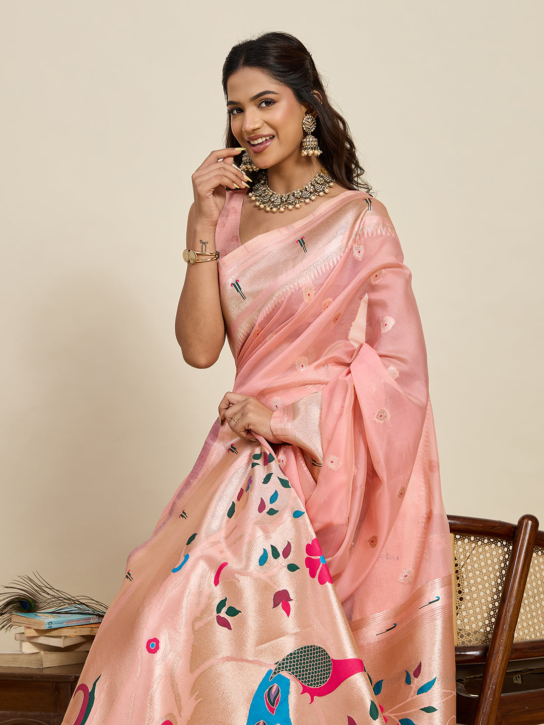 Vedant Vastram Cotton Silk Paithani Jacquard Saree - Peach - Dista