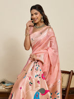 Thumbnail for Vedant Vastram Cotton Silk Paithani Jacquard Saree - Peach - Dista