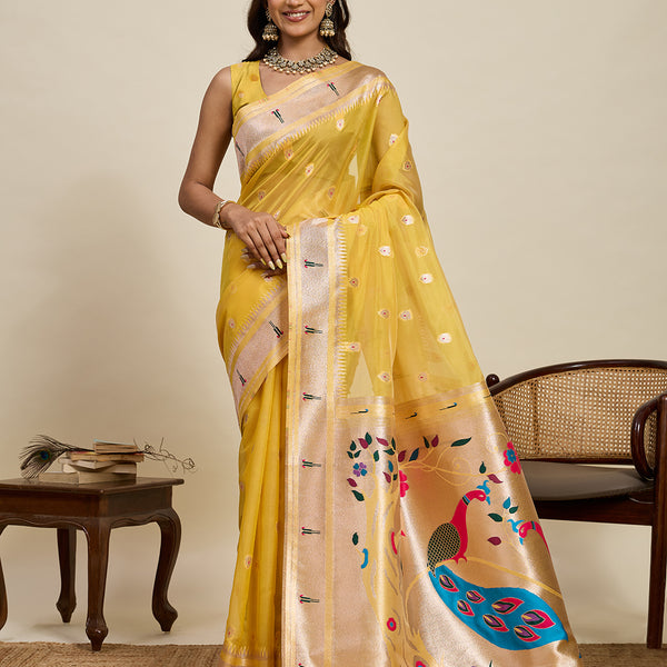 Vedant Vastram Cotton Silk Paithani Jacquard Saree - Yellow - Dista