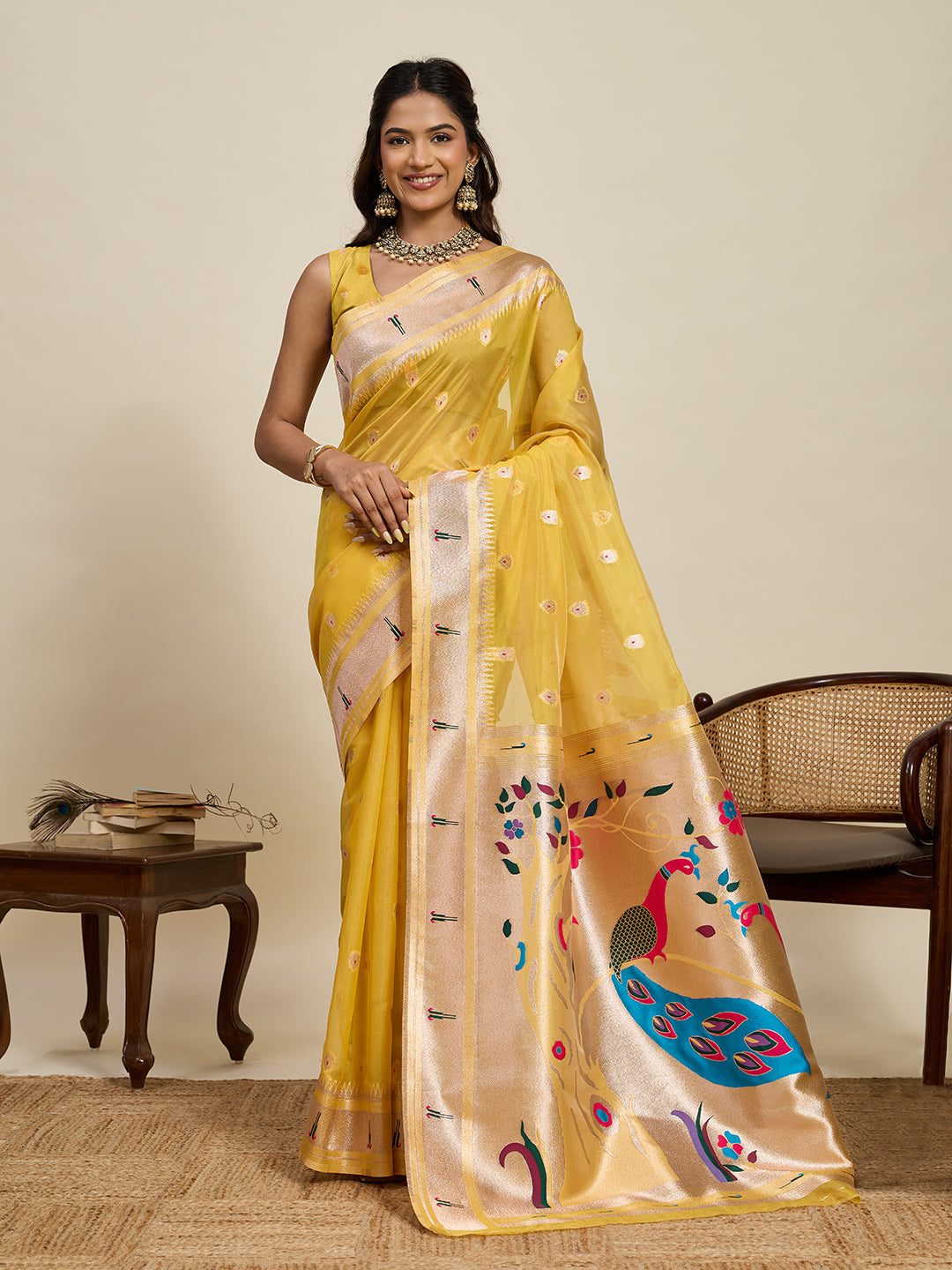 Vedant Vastram Cotton Silk Paithani Jacquard Saree - Yellow - Dista