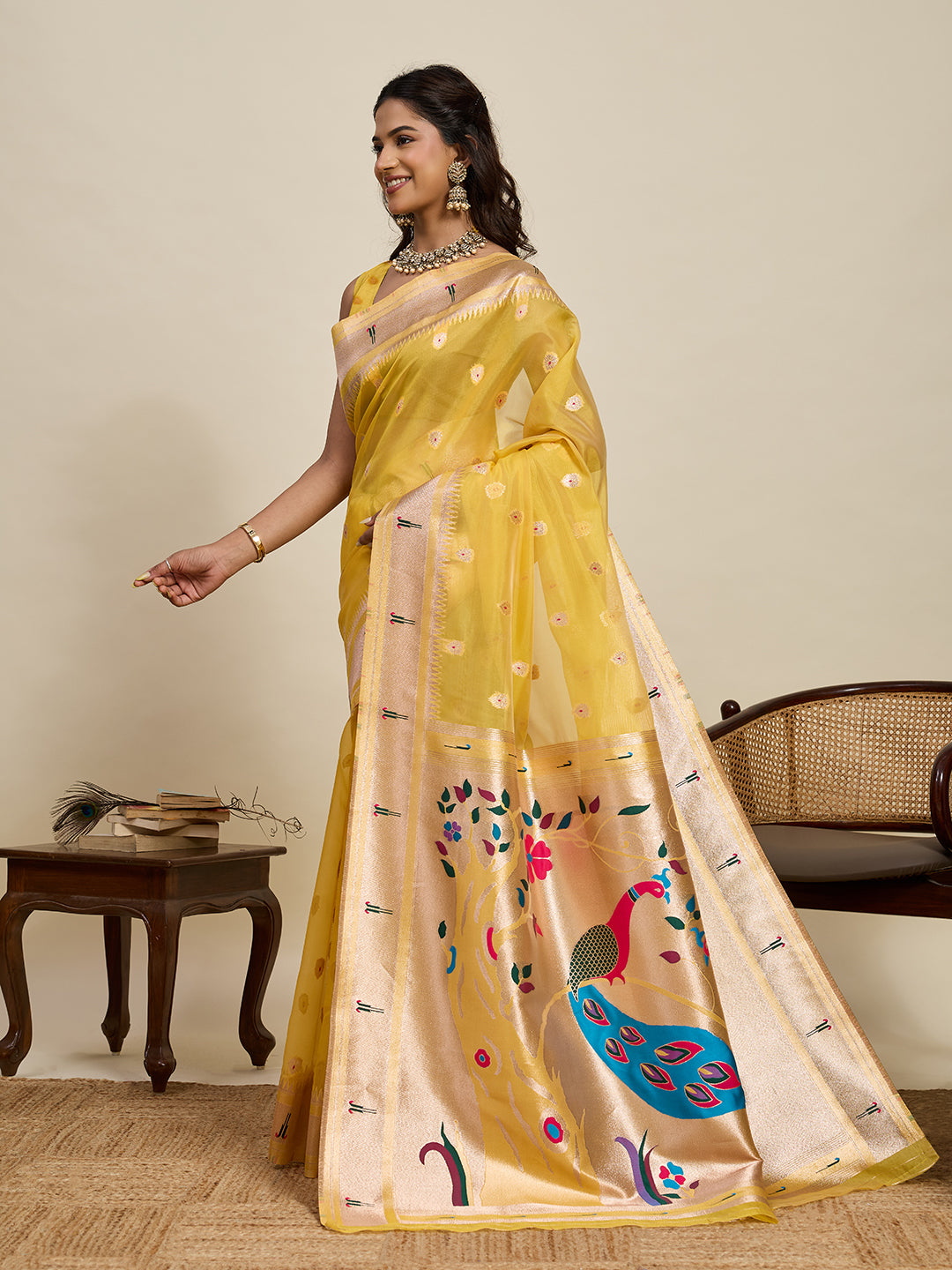 Vedant Vastram Cotton Silk Paithani Jacquard Saree - Yellow - Dista