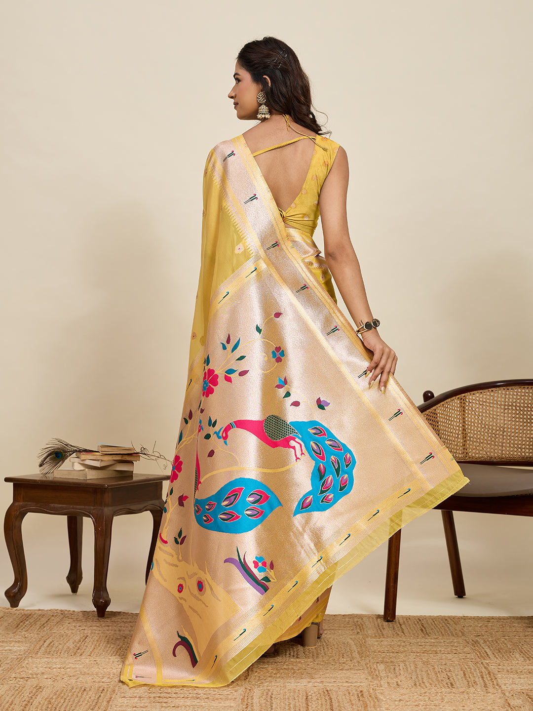 Vedant Vastram Cotton Silk Paithani Jacquard Saree - Yellow - Dista