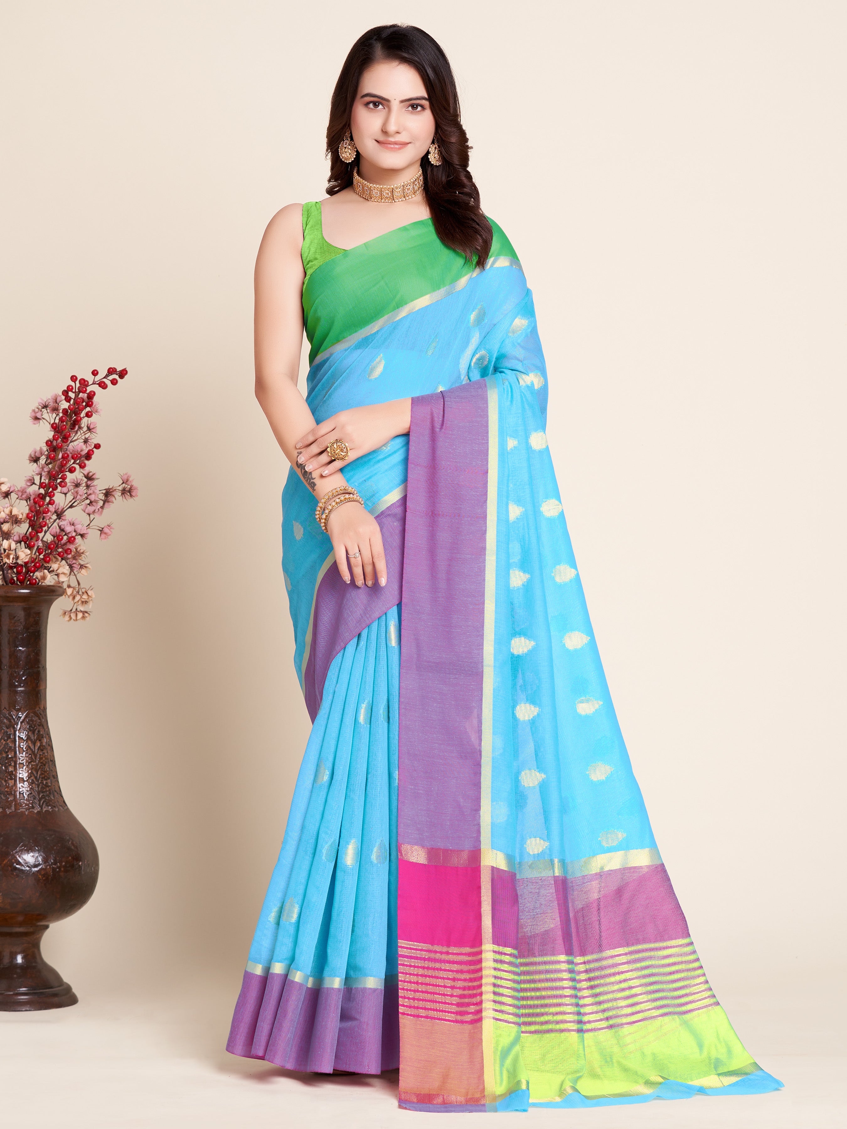 Vedant Vastram Soft Art Silk Silk Jacquard Fancy Saree - Firozi - Distacart