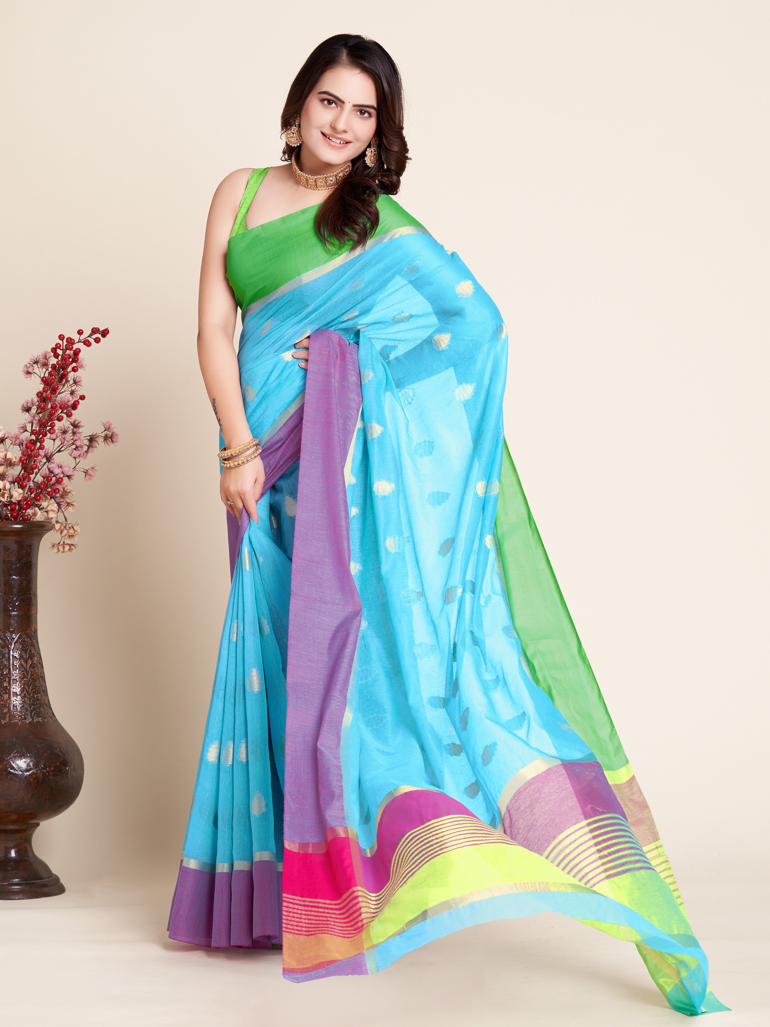 Vedant Vastram Soft Art Silk Silk Jacquard Fancy Saree - Firozi - Distacart