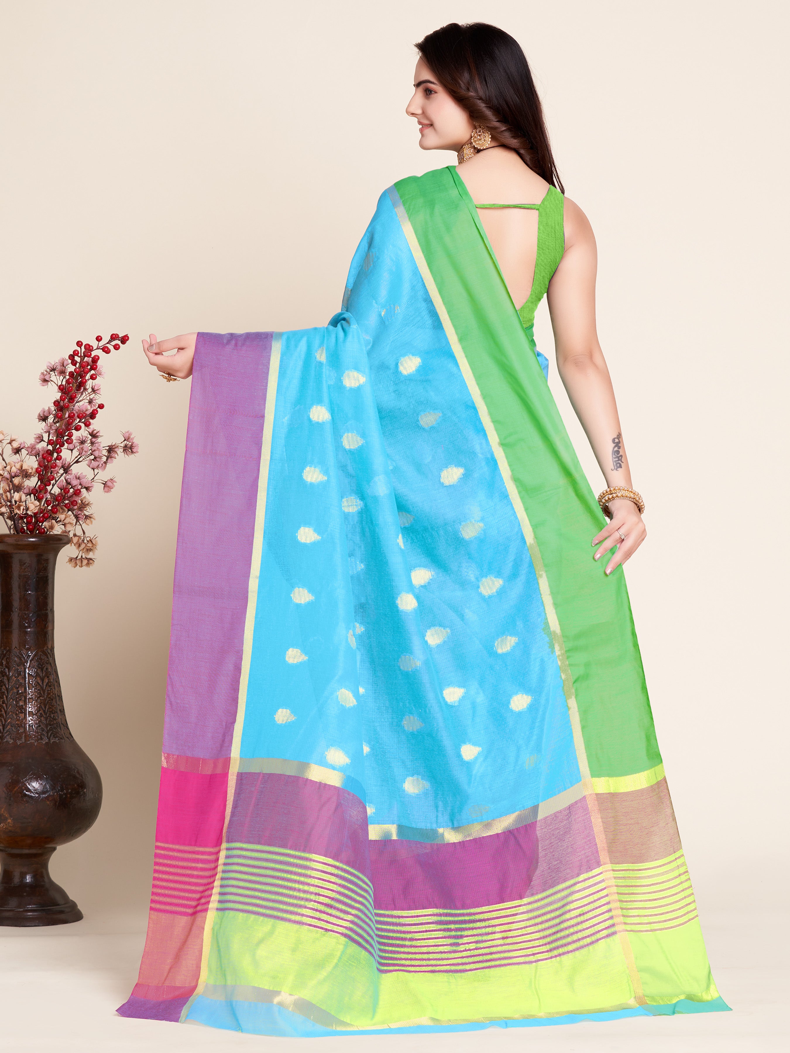 Vedant Vastram Soft Art Silk Silk Jacquard Fancy Saree - Firozi - Distacart