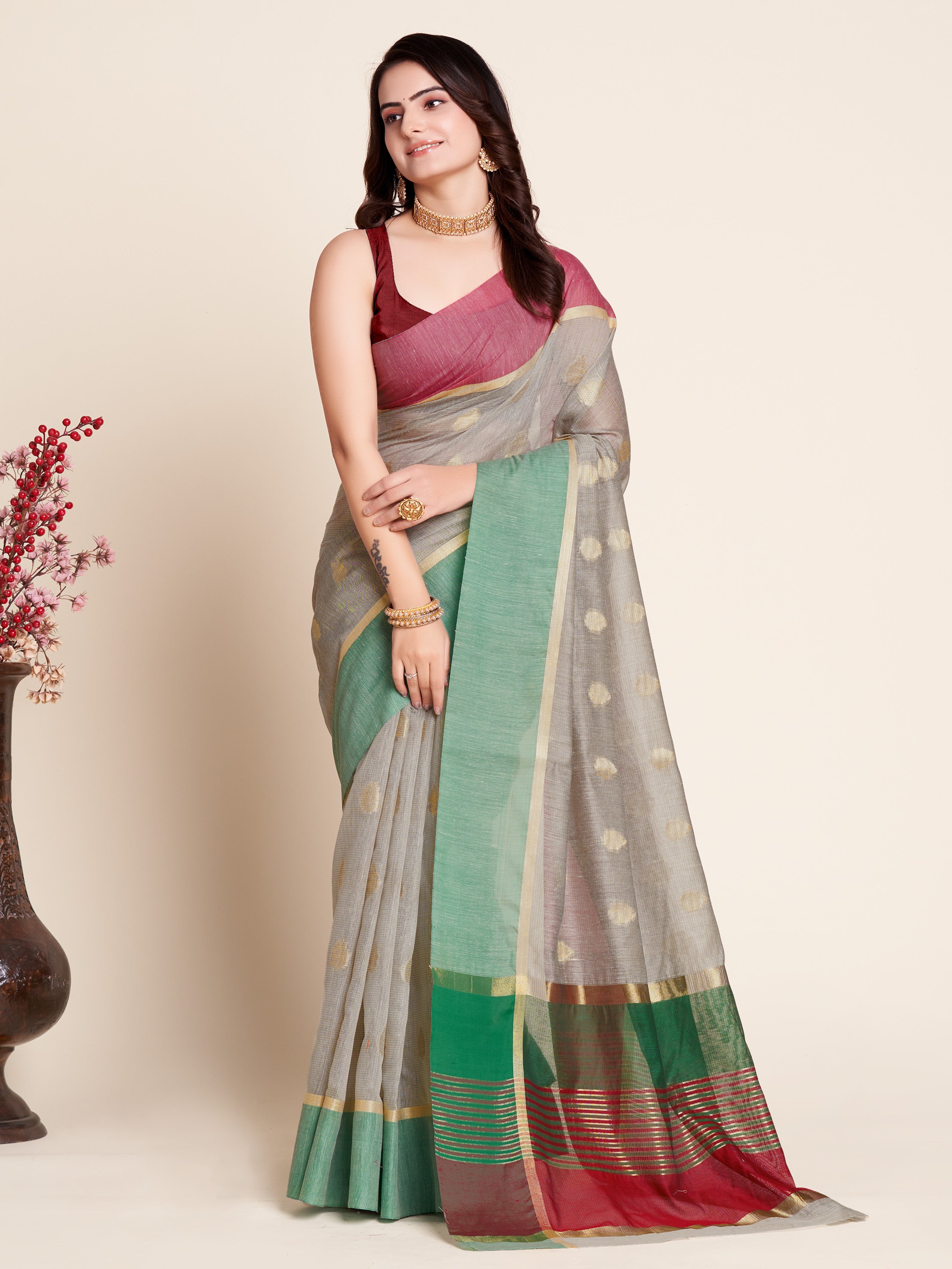 Vedant Vastram Soft Art Silk Silk Jacquard Fancy Saree - Grey - Distacart