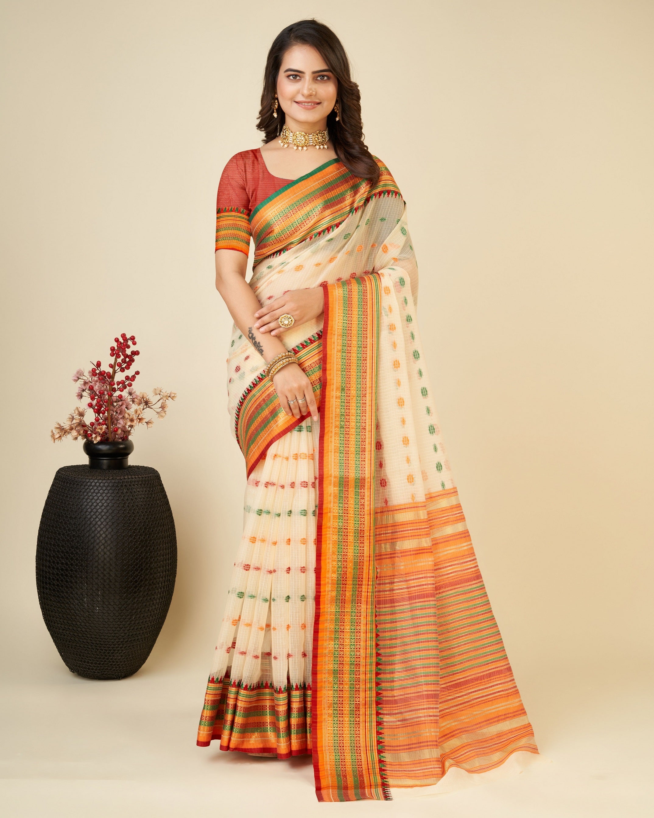 Vedant Vastram Soft Art Silk Silk Jacquard Fancy Saree - Beige - Distacart