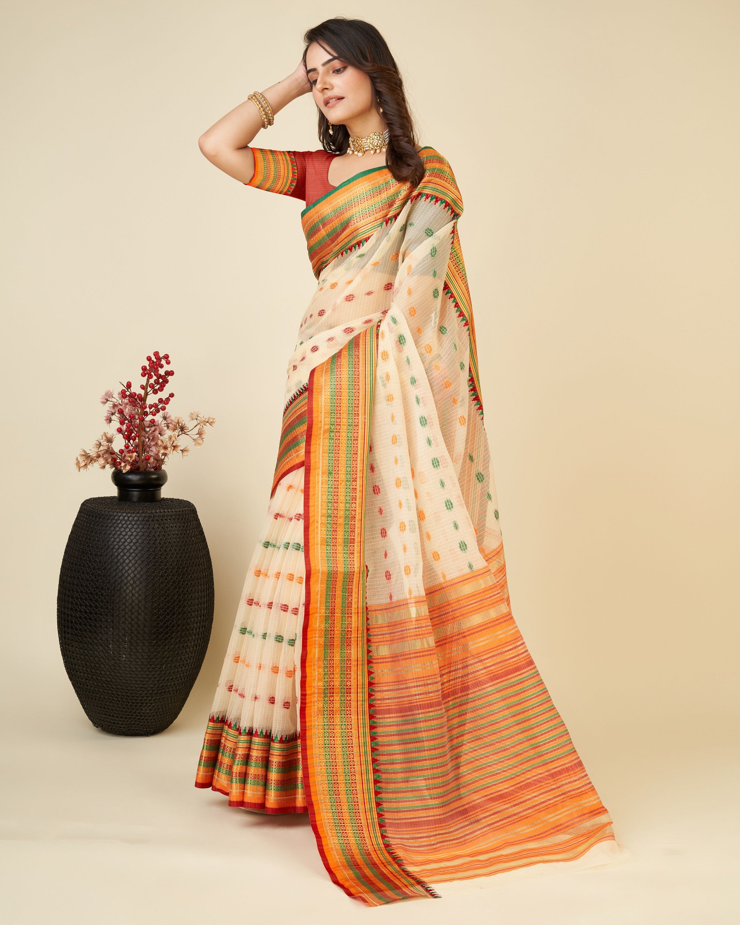 Vedant Vastram Soft Art Silk Silk Jacquard Fancy Saree - Beige - Distacart