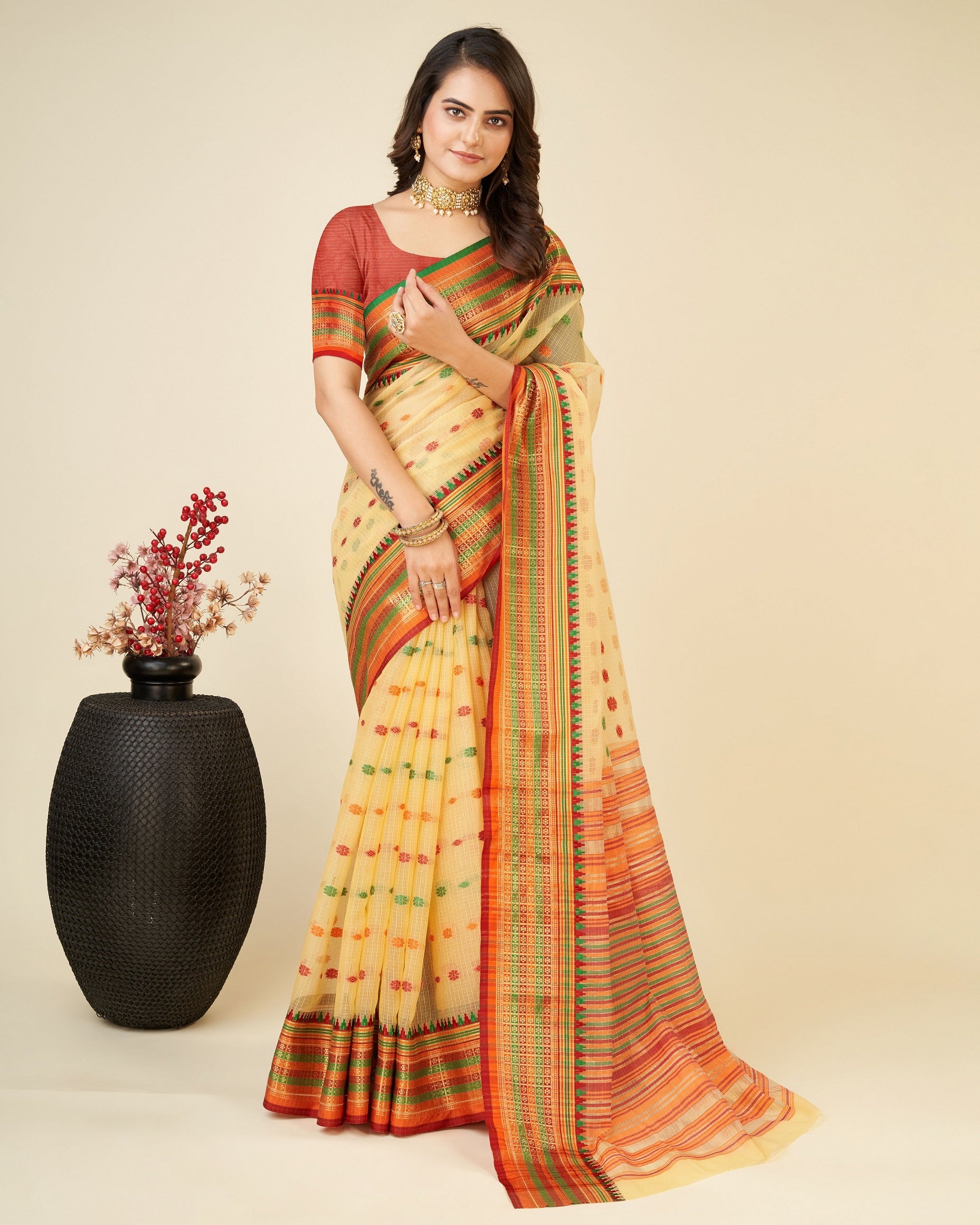 Vedant Vastram Soft Art Silk Silk Jacquard Fancy Saree - Mustard - Distacart
