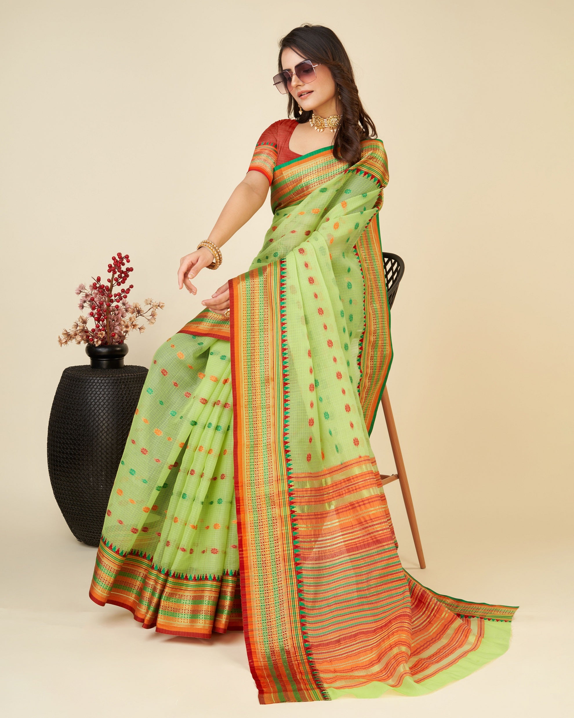 Vedant Vastram Soft Art Silk Silk Jacquard Fancy Saree - Parrot - Distacart