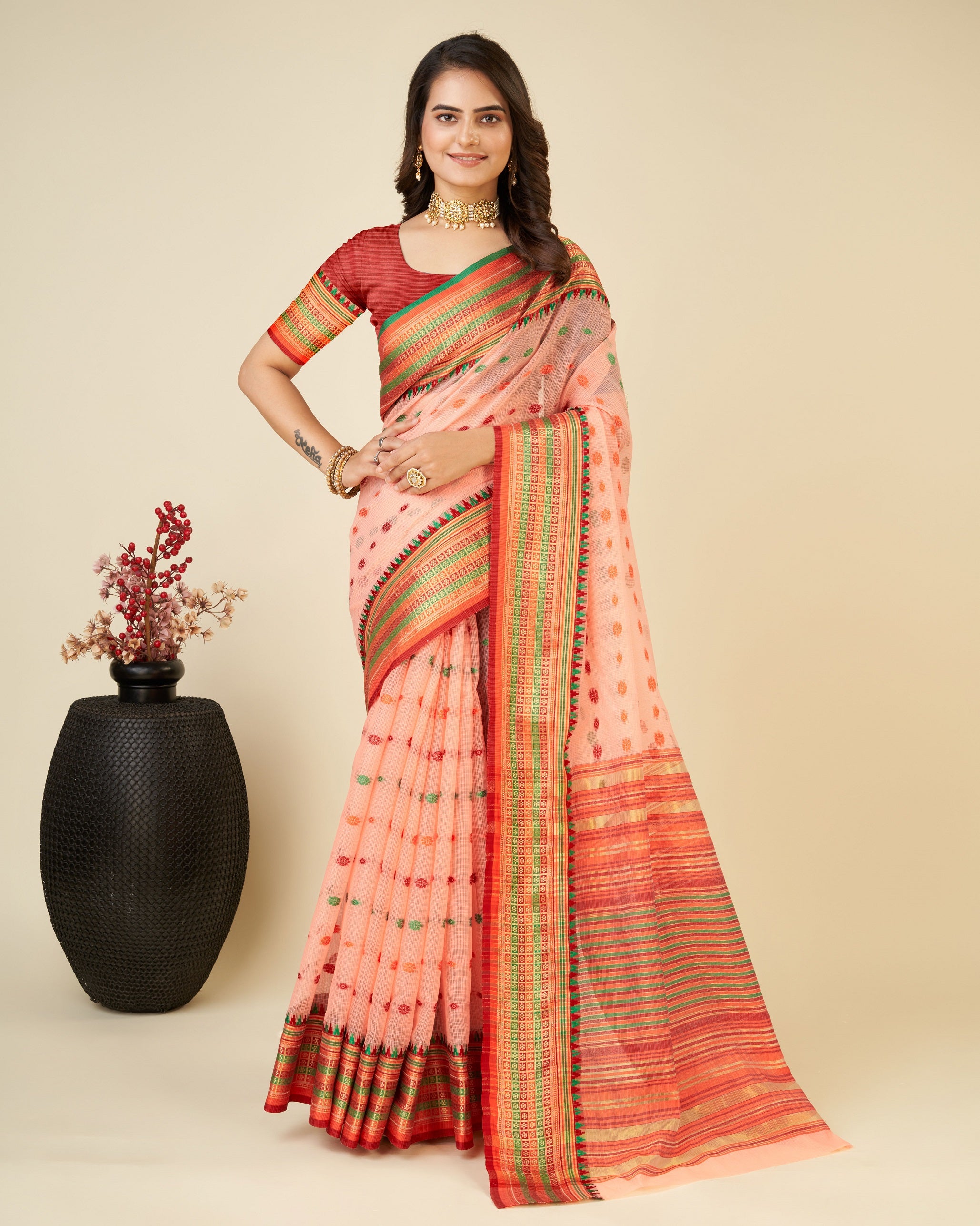 Vedant Vastram Soft Art Silk Silk Jacquard Fancy Saree - Peach - Distacart